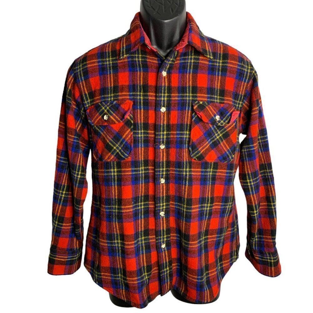 Vintage 80s Wool Button Up Shirt Shacket L Red Plaid Flannel Long Sleeve Pocket